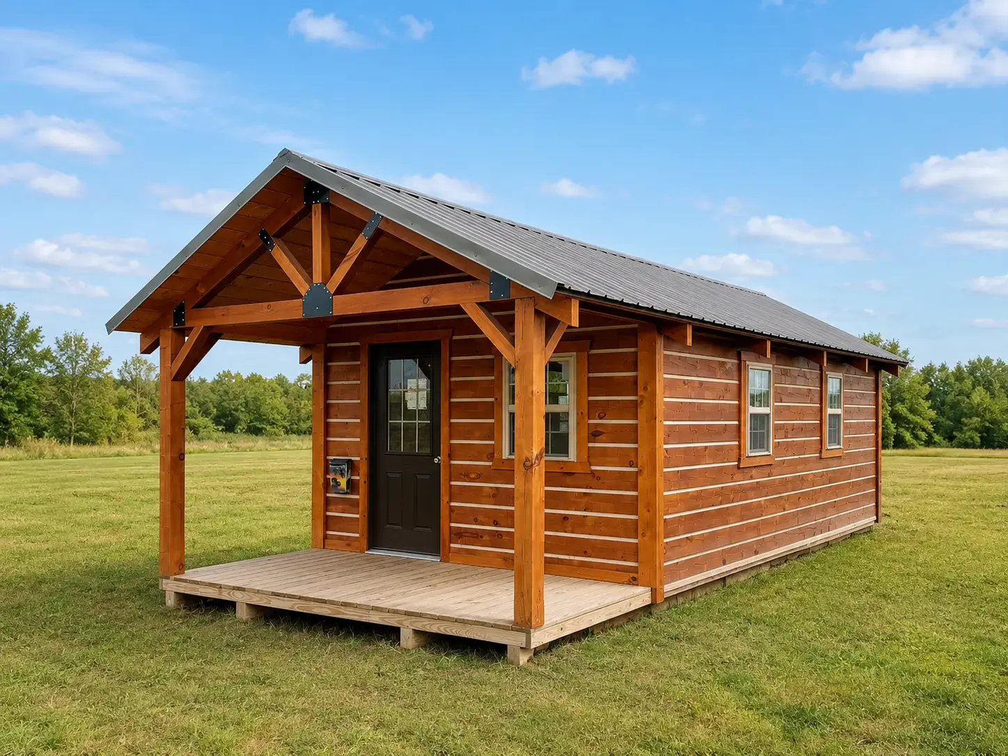 Log cabin with a covered porch and dark metal roof in a mowed field