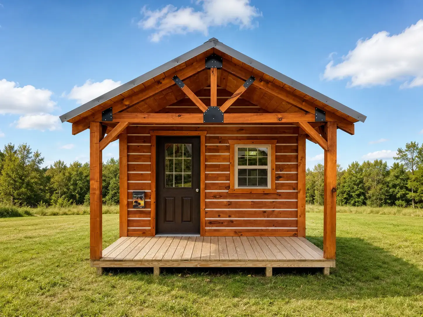 Log cabin with a covered front porch, black door, and window on a grassy lot