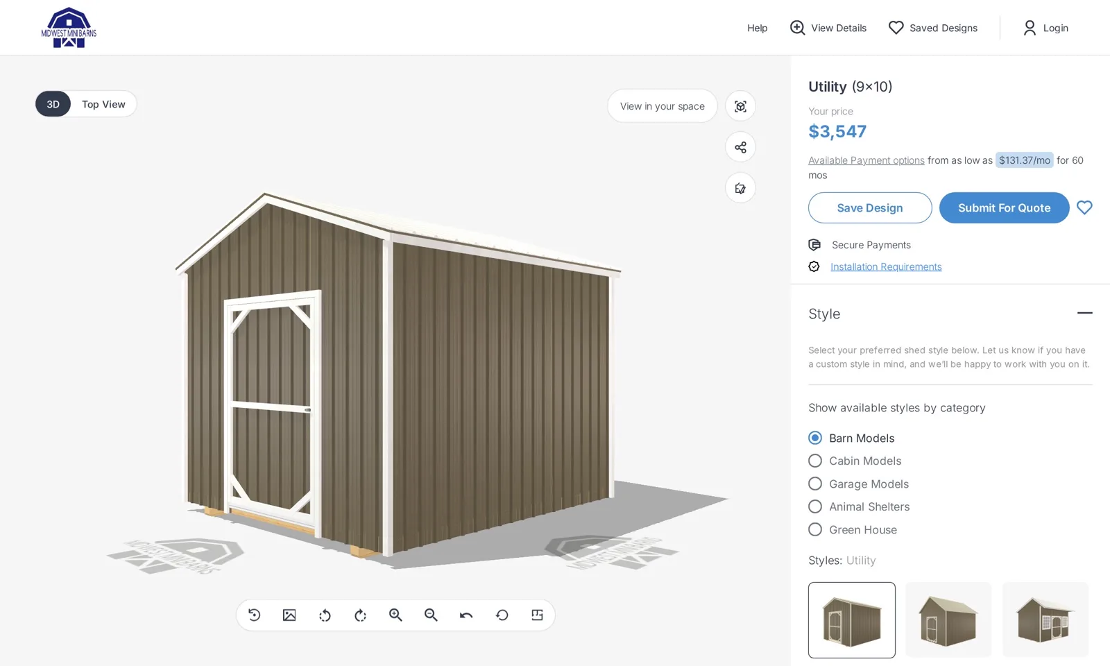 The Midwest Mini Barns 3D Shed Builder showing a utility shed in 3D with style, size, and color options